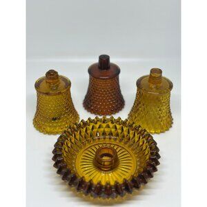 VTG Set of 4 Peg/Candle Holder Diamond Point Brown Amber Votive Cups Glass READ